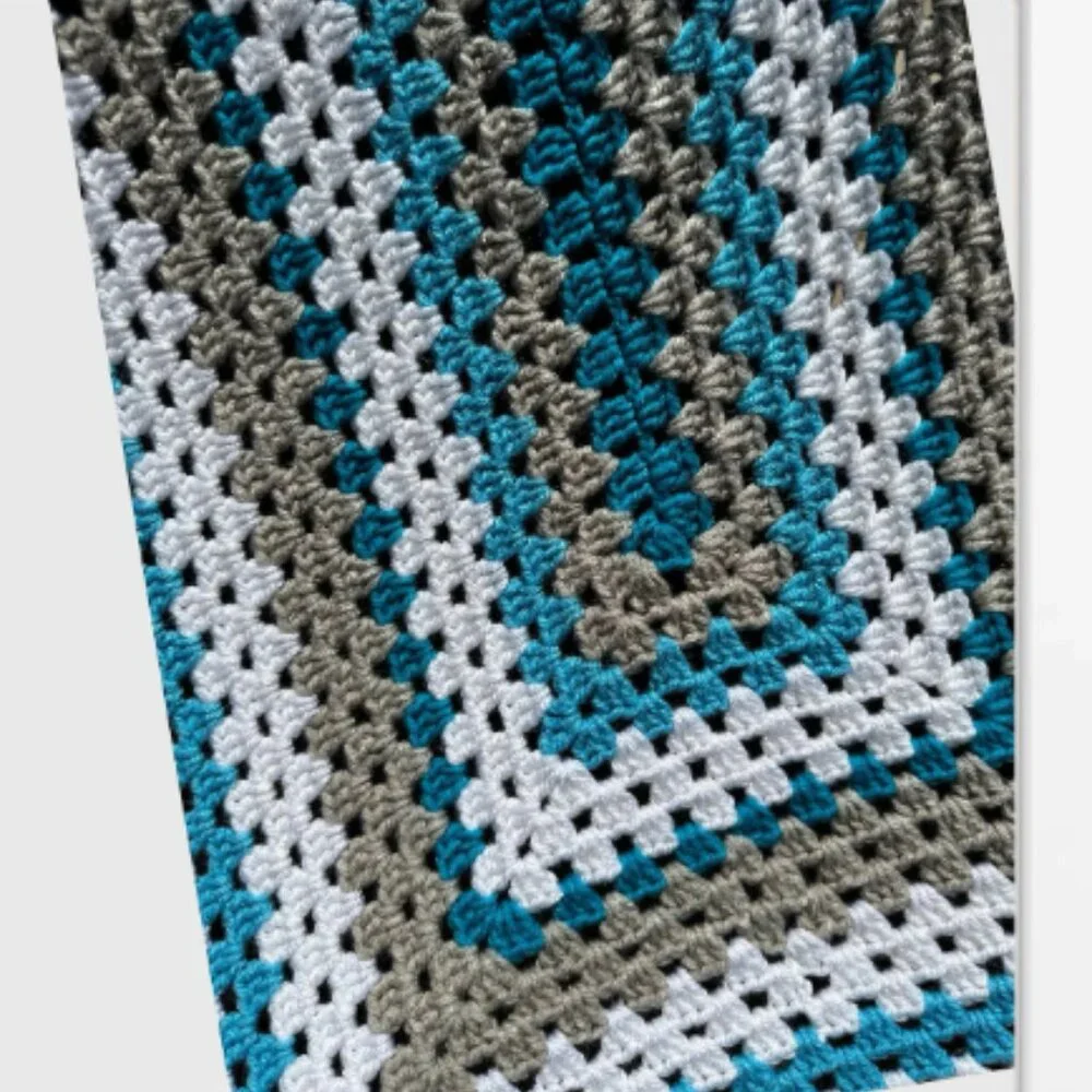 Handmade Crochet Granny Square Blanket 32 x 37 inch Teal Gray White